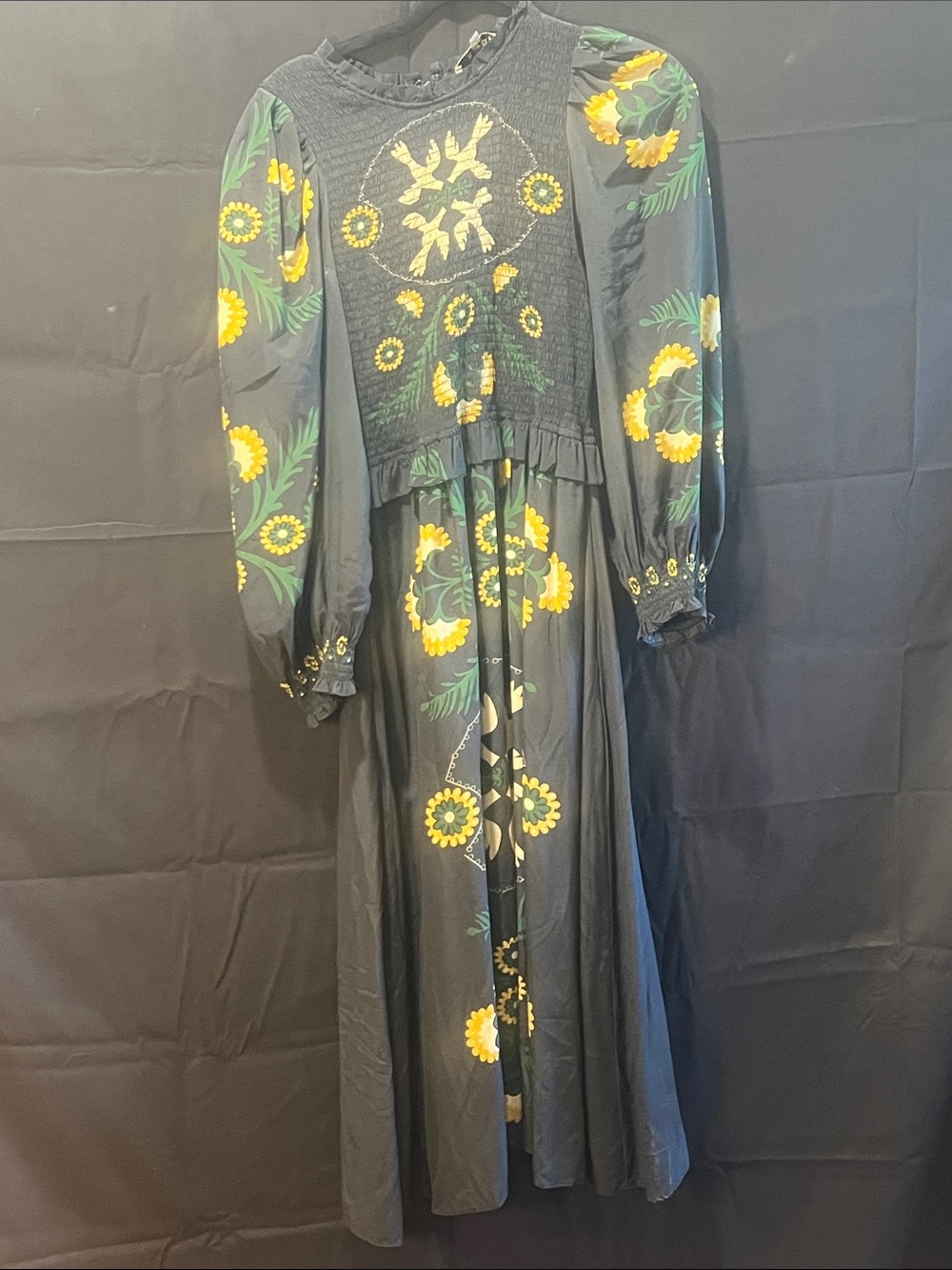 Sea Black Maxi Dress with Yellow Floral Embroidery
